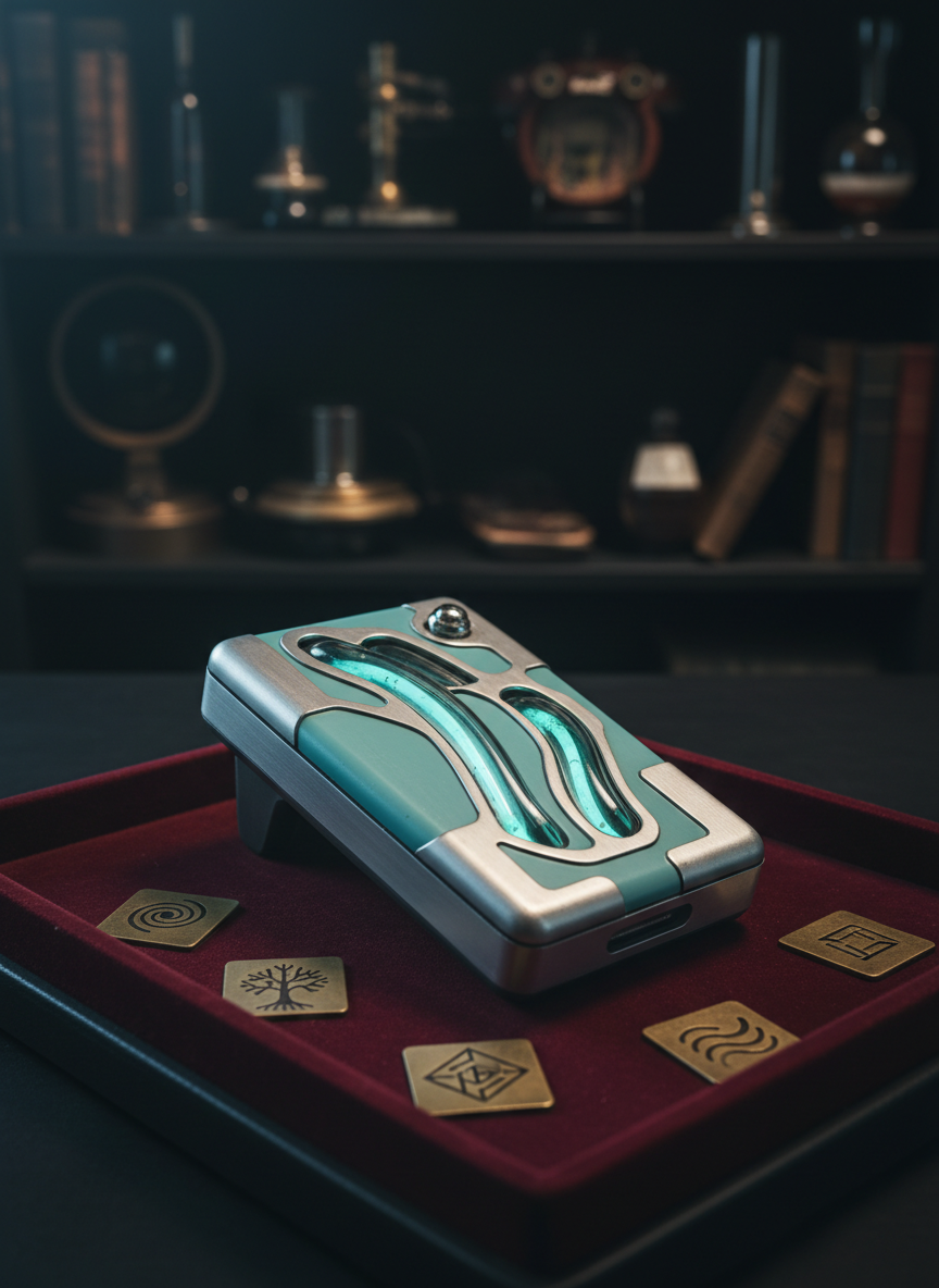 A close-up of an intricate retro-futurist handheld device, built from brushed aluminum, soft teal enamel panels, and inset glass tubes with faint internal glow, resting on a velvet-lined display tray. Surrounding it are small engraved metal tags with abstract symbols indicating different “themes” instead of text labels, hinting at site filtering options. The background is a dark, blurred shelving unit containing other enigmatic objects. Cool, focused studio lighting rakes across the device, emphasizing fine machining marks and subtle wear on the edges, while the rest falls into moody shadow. The atmosphere is mysterious yet sophisticated, like an artifact from a forgotten future. Photographic realism, slightly elevated angle with shallow depth of field, ideal for a product-detail or artwork-detail page.