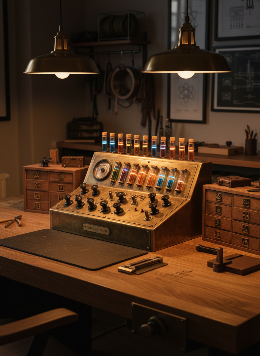 An elegant retro-futurist desk arrangement featuring a hand-built “control console” made from patinated brass panels, bakelite-style knobs, and glowing glass vials arranged like indicator lights. The console sits on a reclaimed oak workbench in a refined studio, surrounded by neatly organized drawers labeled with small abstract icons instead of text. Directional warm pendant lighting above the bench creates a golden hour–like glow, picking out the textures of metal, wood, and glass, with soft shadows receding into the background. The atmosphere is quietly industrious and sophisticated, suggesting an artist’s workspace for Atomic Rustworks. Photographic realism, three-quarter angle composition, moderate depth of field to keep both console and surrounding tools clearly legible.