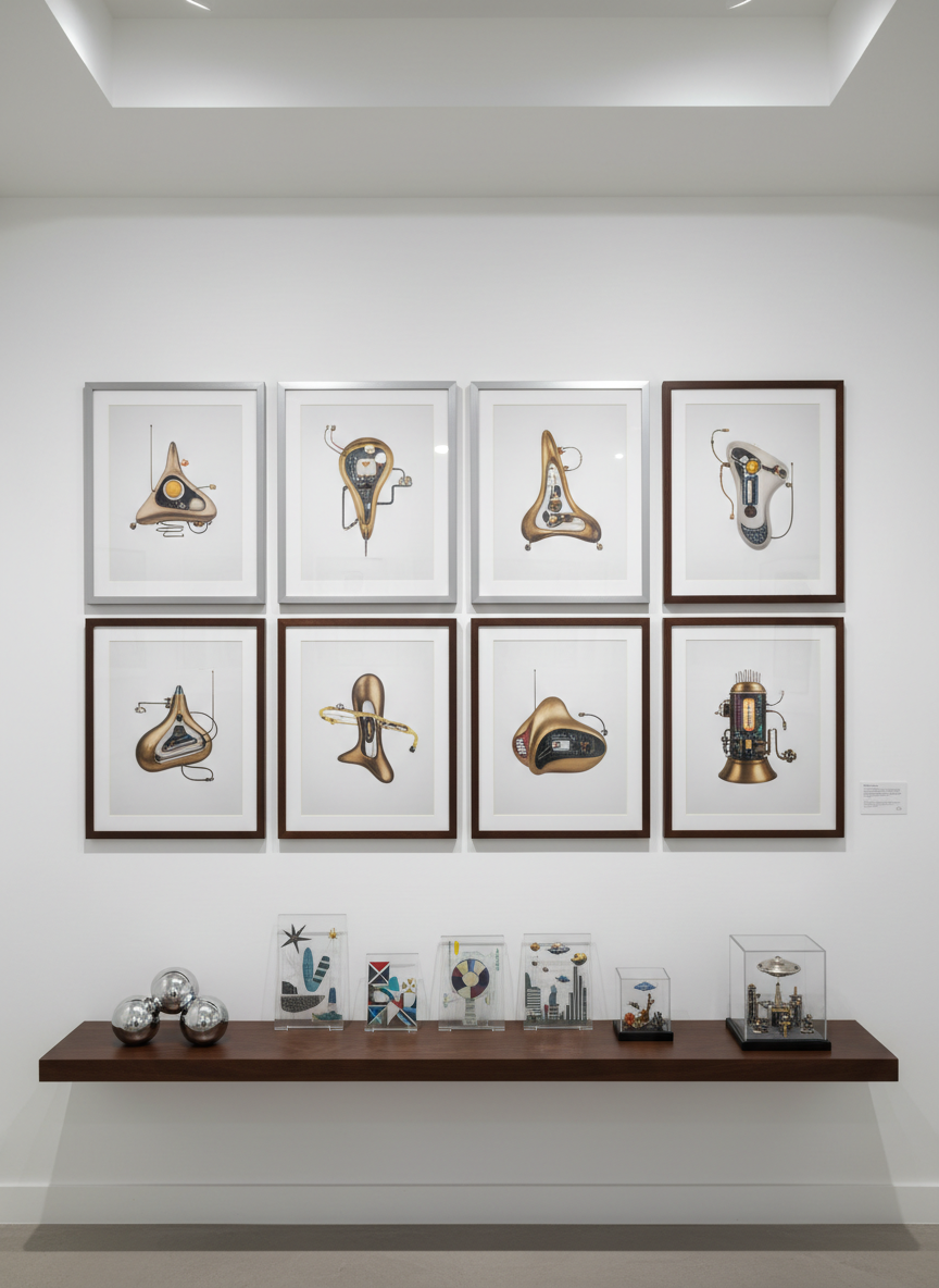 A curated gallery wall of retro-futuristic artworks, each a framed photographic print of sculptural pieces that merge mid-century modern forms with speculative technology. Frames of brushed aluminum and dark wood line a softly lit white wall, arranged in clean grid-like rows to suggest a filterable online gallery. Beneath them, a sleek floating shelf displays small crafted objects: chrome-plated orbs, etched glass panels, and tiny mechanical dioramas. Indirect ceiling lighting washes the wall in even, museum-quality light, with subtle spot accents on key pieces. The mood is refined and intellectual. Photographic realism, shot from a slightly wide, straight-on perspective to show the entire arrangement with sharp focus throughout, suitable for a portfolio or category overview.