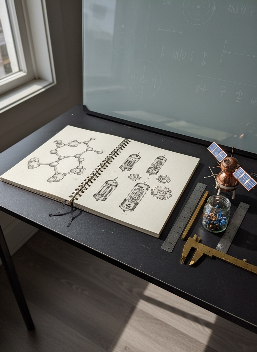 A serene corner of an artist’s blog space, featuring an open sketchbook filled with precise ink drawings of atomic-inspired sculptures and exploded views of retro devices, laid on a matte black drafting table. Beside it rest neatly arranged metal rulers, a small glass jar of exotic screws, and a miniature prototype: a copper-and-ceramic satellite form. In the background, a frosted glass board displays faint, non-text glyphs and orbit diagrams. Soft morning window light filters in from the left, creating delicate highlights and long, subtle shadows. The mood is reflective and studious, suggesting behind-the-scenes process updates for Atomic Rustworks. Photographic realism, shot at a gentle three-quarter overhead angle with a moderate depth of field.